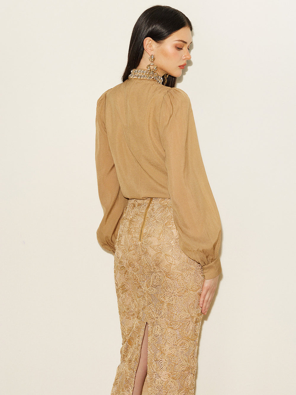 Crystal  Detail Top & Lace Embroidered Skirt Set