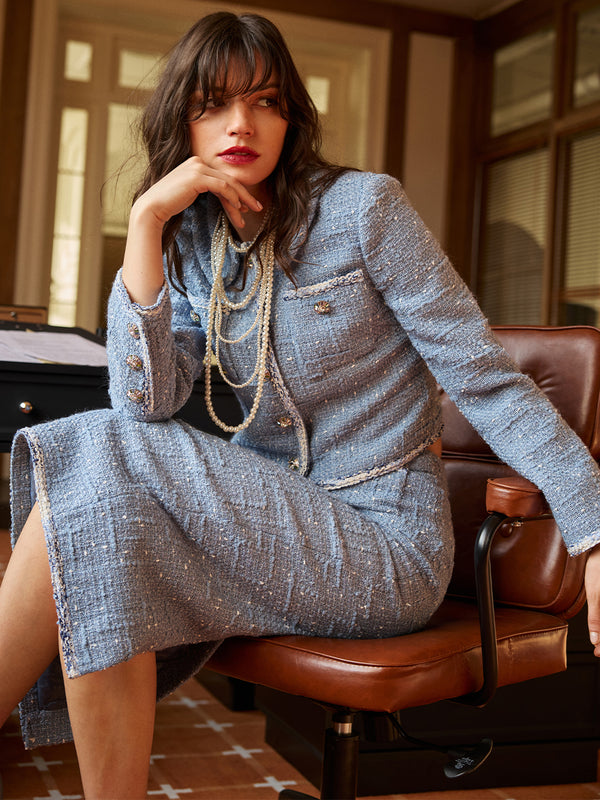 Dual Pocket Tweed Jacket & Skirt Sets