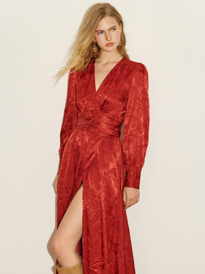 Satin Jacquard Slit Wrap Dress