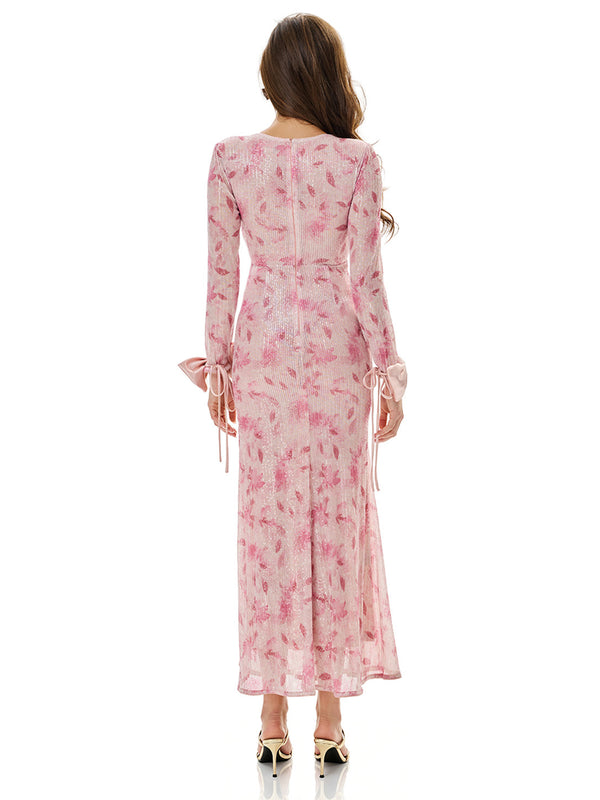 Bowknot Detail Print Sequin Dress