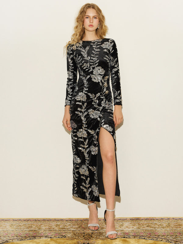 Sequin Embroidered Velvet Gown