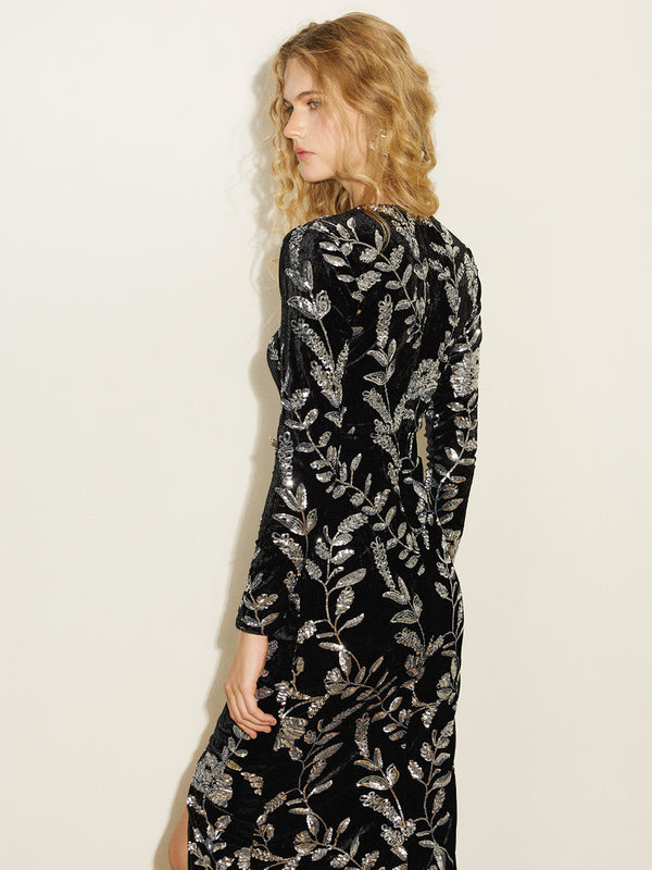 Sequin Embroidered Velvet Gown