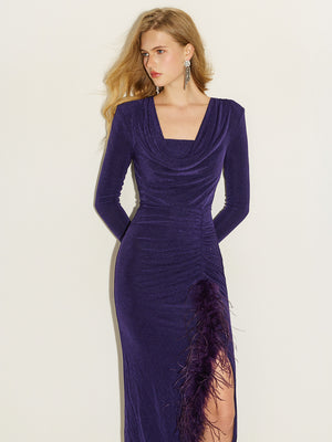 Cowl Neck Drawstring Ruched Gown