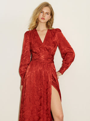 Satin Jacquard Slit Wrap Dress
