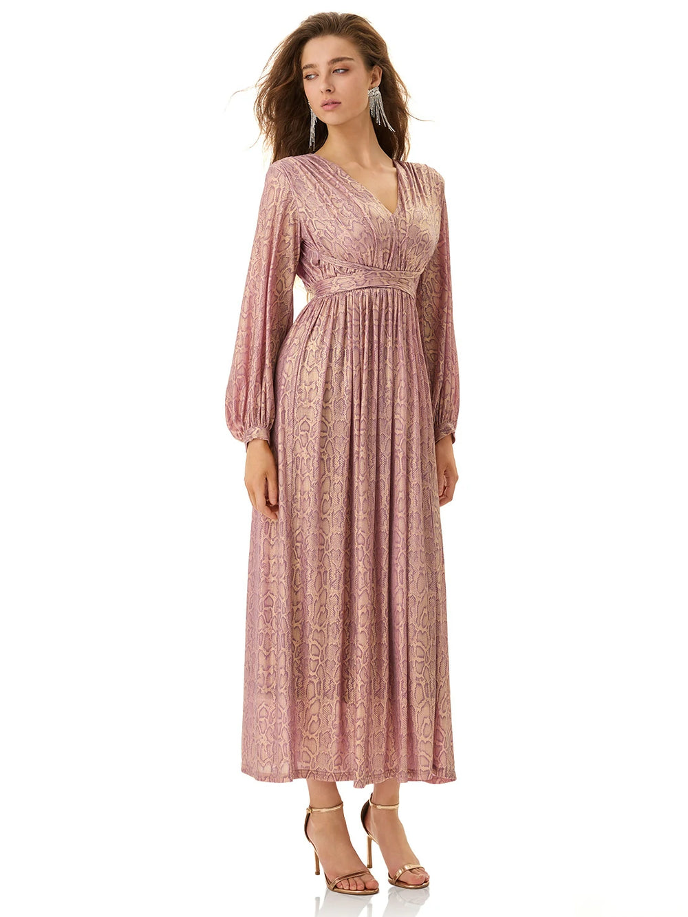 Model wearing Pink Snakeskin Maxi Dress from MAJOR CRUSH