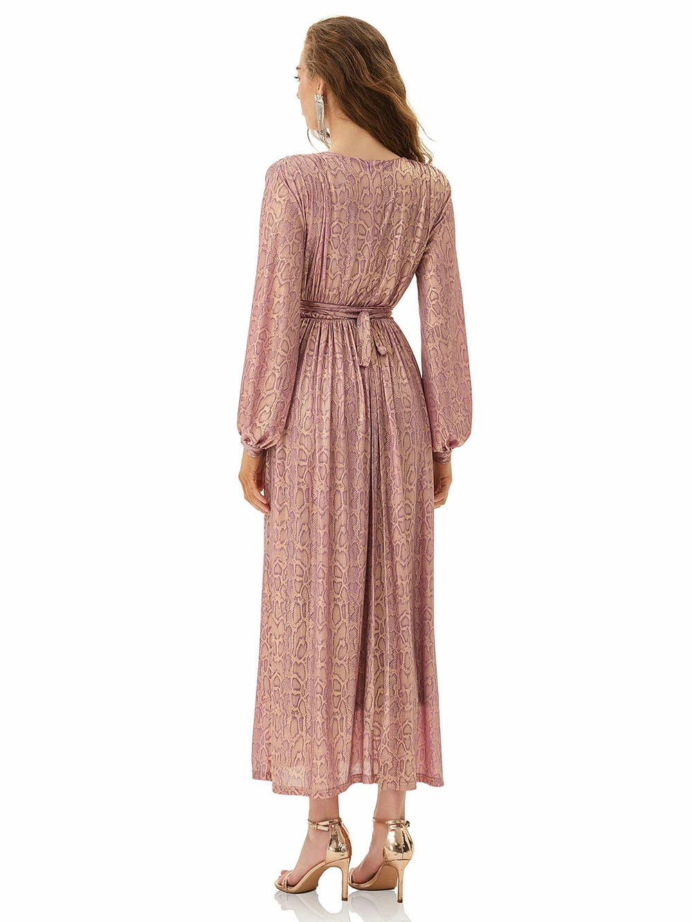 Model wearing Pink Snakeskin Maxi Dress from MAJOR CRUSH