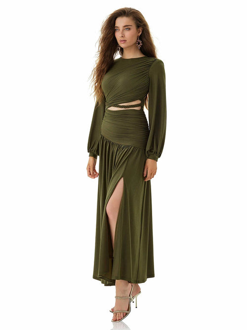 Olive Green Pleated Panel Maxi Dress