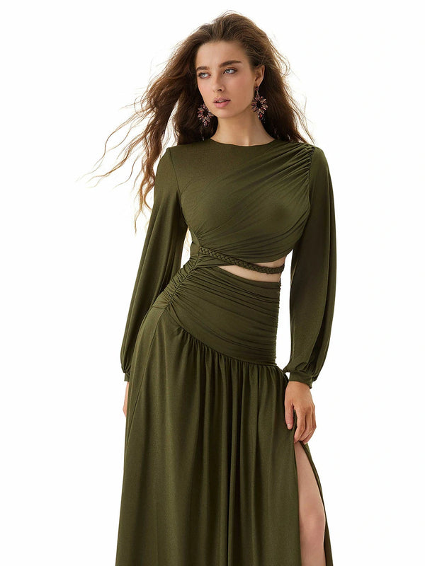 Olive Green Pleated Panel Maxi Dress