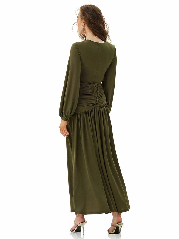 Olive Green Pleated Panel Maxi Dress