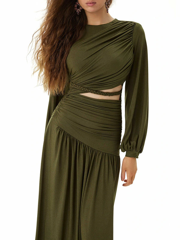 Olive Green Pleated Panel Maxi Dress