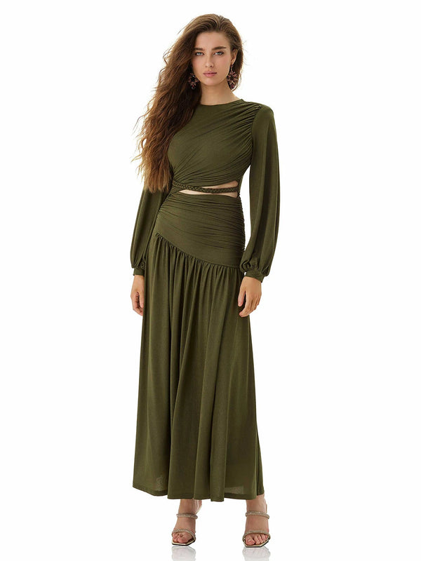 Olive Green Pleated Panel Maxi Dress