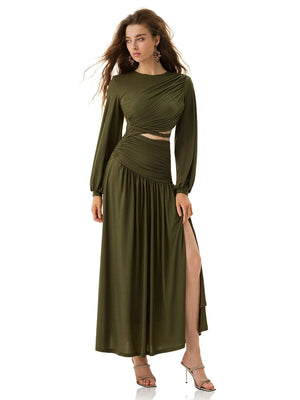Olive Green Pleated Panel Maxi Dress