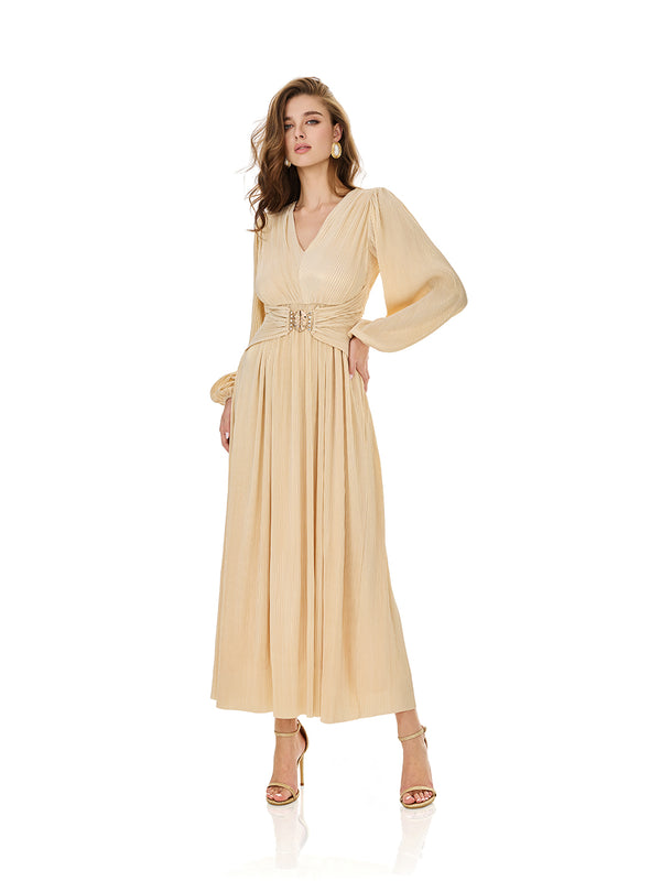Champagne Puff Sleeve Belted Maxi Dress
