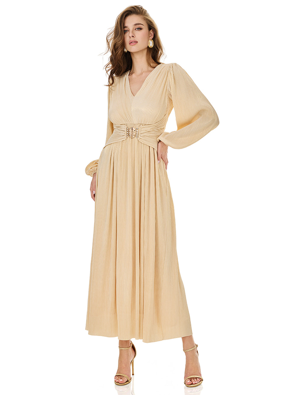 Champagne Puff Sleeve Belted Maxi Dress