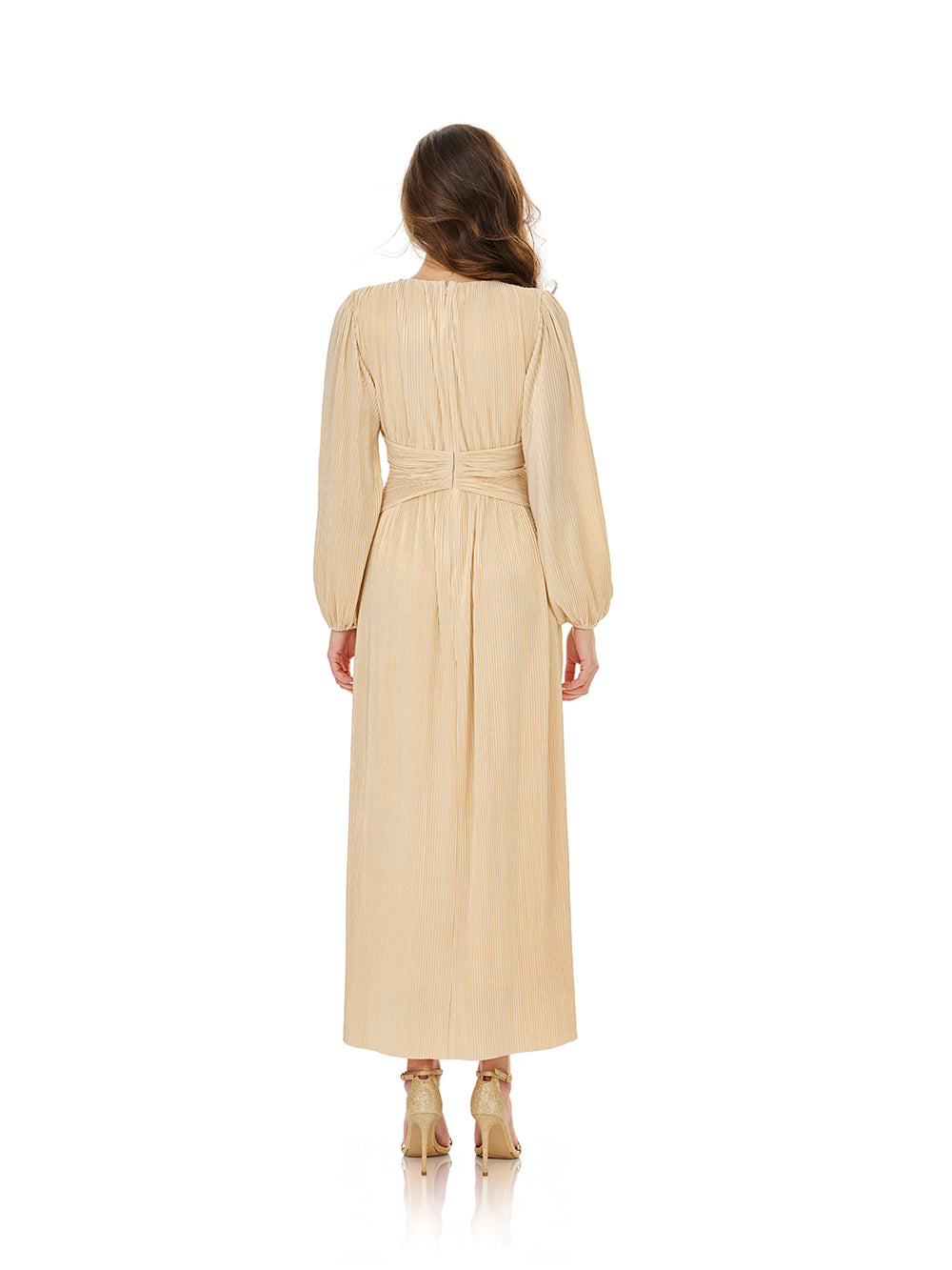 Champagne Puff Sleeve Belted Maxi Dress