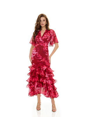 Floral Print Layered Ruffles Dress