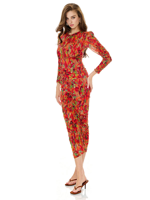 Floral Print Drawstring Ruched Bodycon Dress