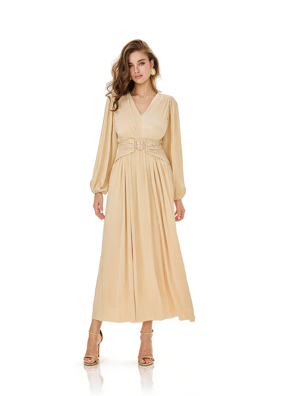 Champagne Puff Sleeve Belted Maxi Dress