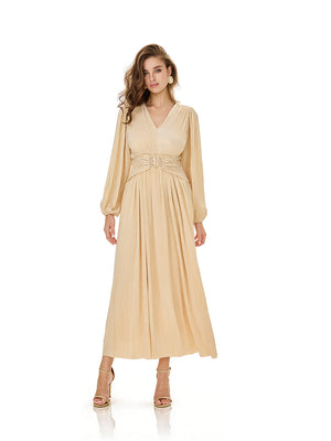 Champagne Puff Sleeve Belted Maxi Dress