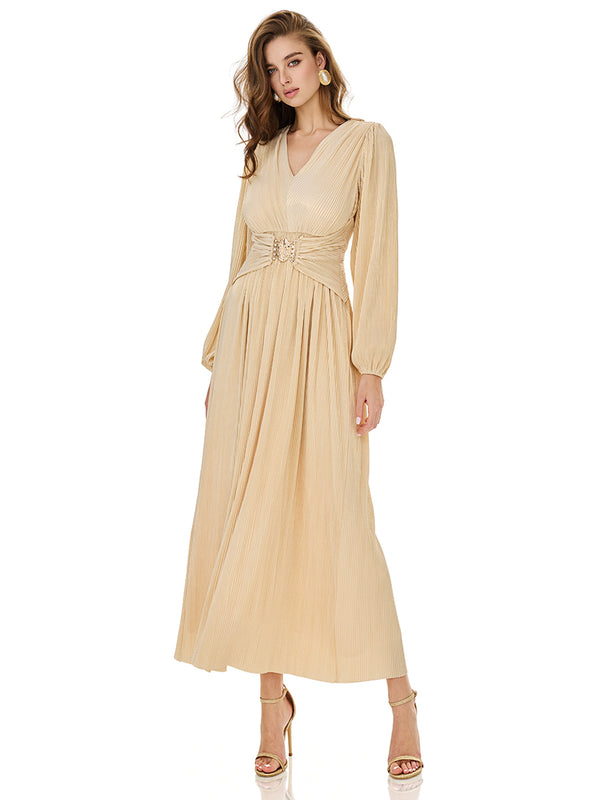 Champagne Puff Sleeve Belted Maxi Dress