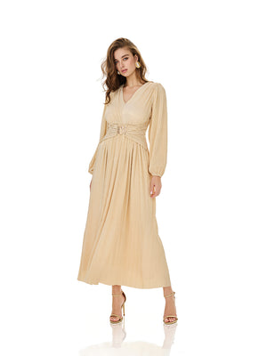 Champagne Puff Sleeve Belted Maxi Dress