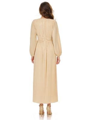 Champagne Puff Sleeve Belted Maxi Dress
