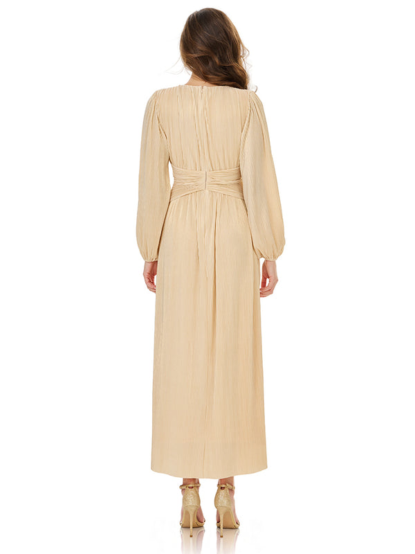 Champagne Puff Sleeve Belted Maxi Dress