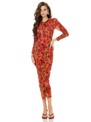 Floral Print Drawstring Ruched Bodycon Dress