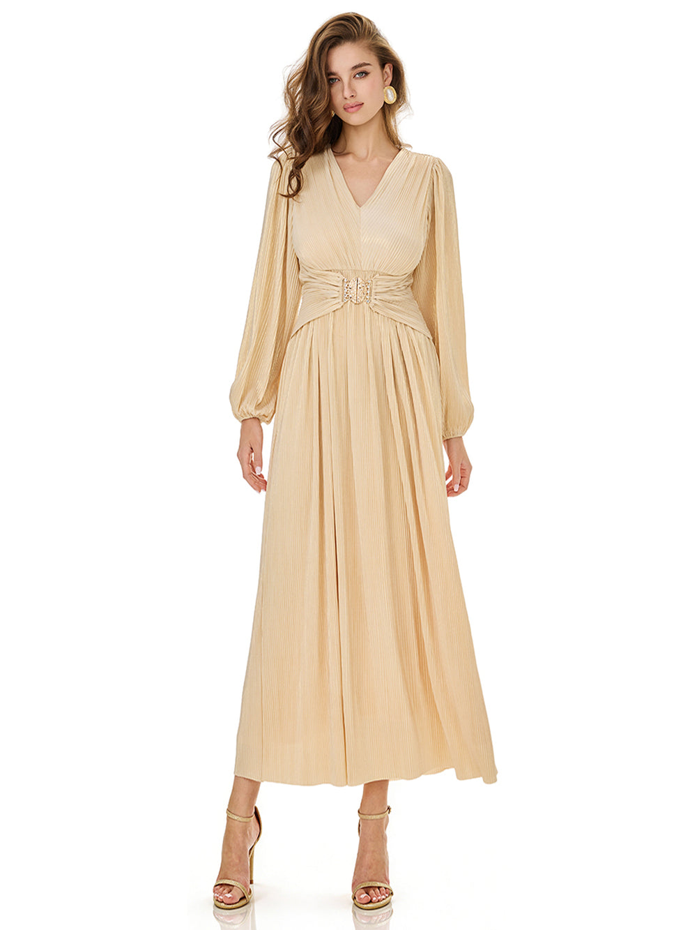 Champagne Puff Sleeve Belted Maxi Dress