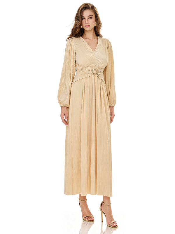 Champagne Puff Sleeve Belted Maxi Dress