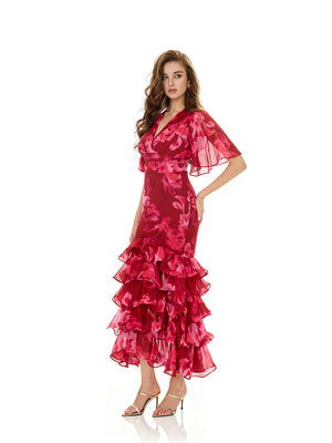 Floral Print Layered Ruffles Dress