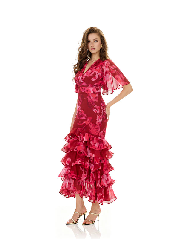 Floral Print Layered Ruffles Dress