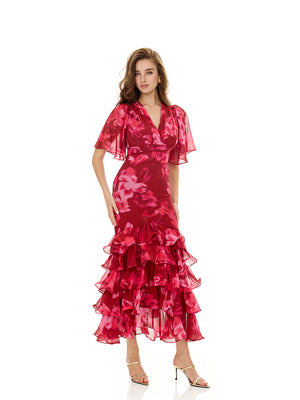 Floral Print Layered Ruffles Dress