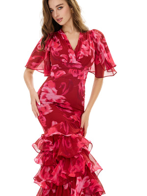 Floral Print Layered Ruffles Dress