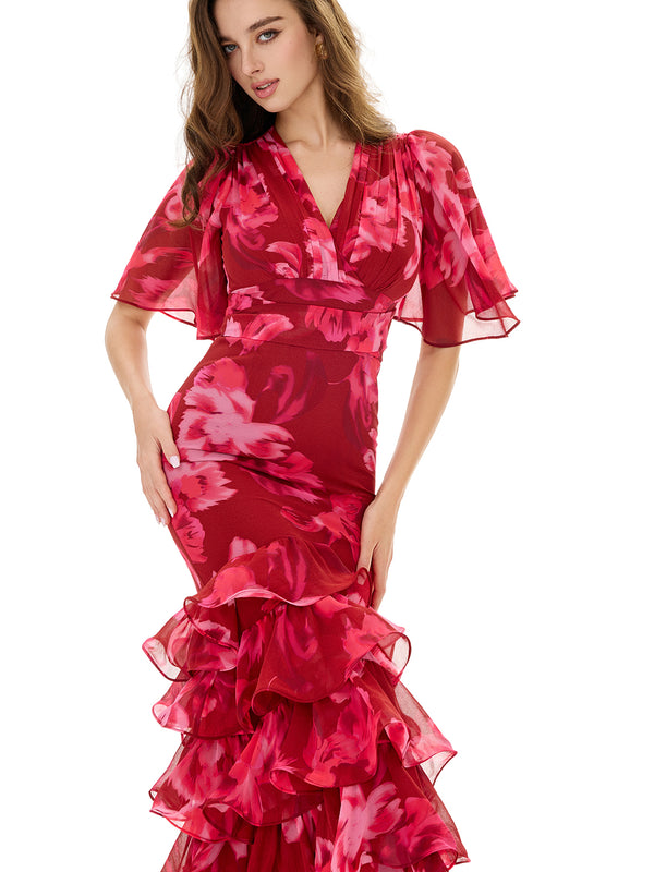 Floral Print Layered Ruffles Dress